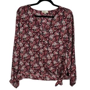 Loft Ditsy Floral Faux Wrap Tie Front Long Sleeve Blouse Large Petite Red